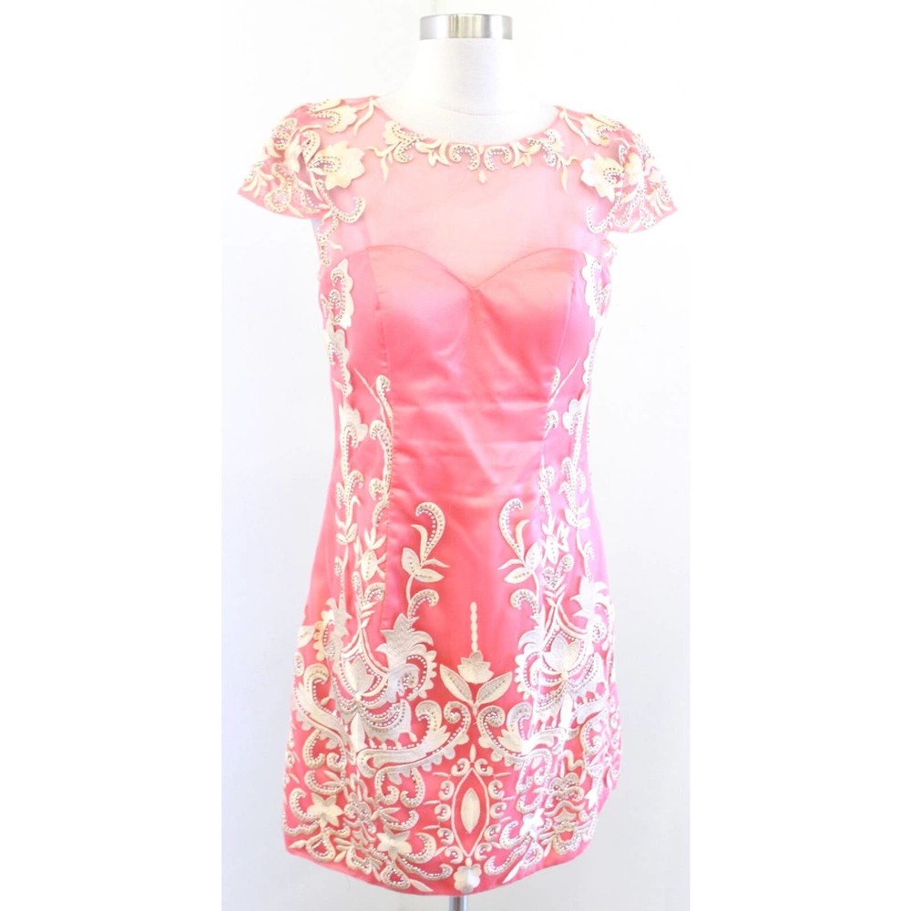 Rachel Allan Coral Champagne Embroidered Mesh Party Prom Mini Dress Size 8